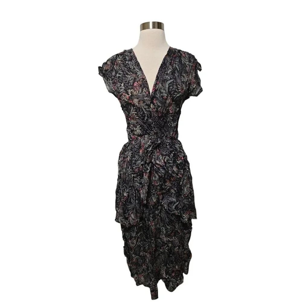70s Vintage Womens Tiered Ruffle Black Dress Floral Print Neiman Marcus